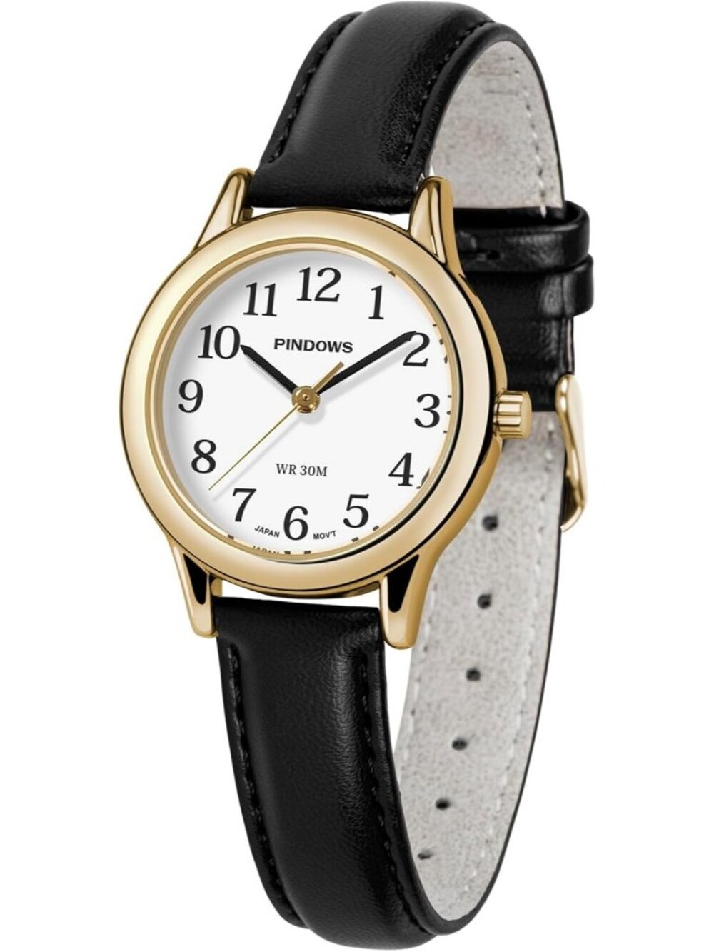 Pindows Womens Black White Elegant Quartz Analog Leather Strap Fashionable Watch
